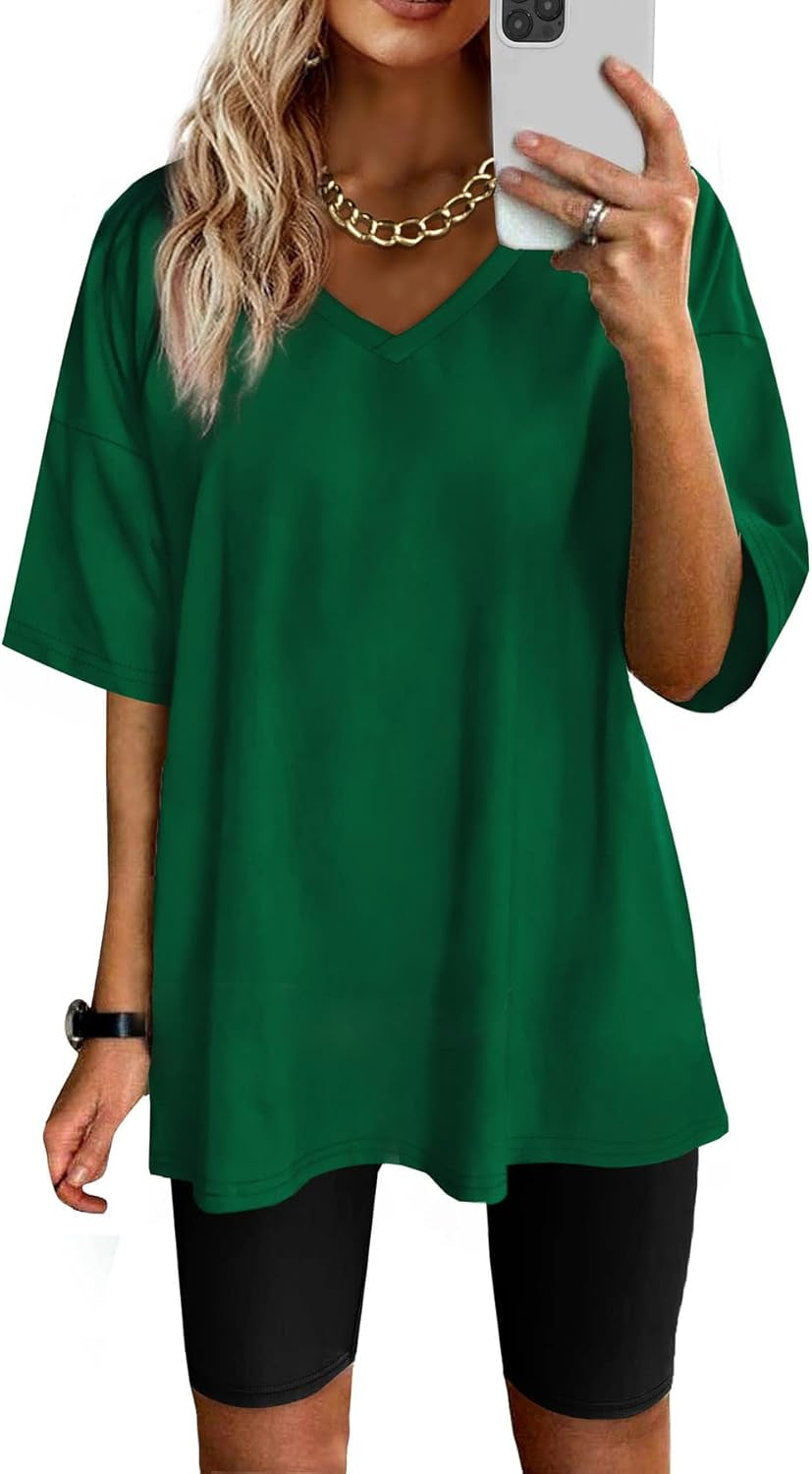 Two Piece Outfits for Women Summer Casual V Neck Oversized T Shirt Top Sweatsuits Biker Shorts Set