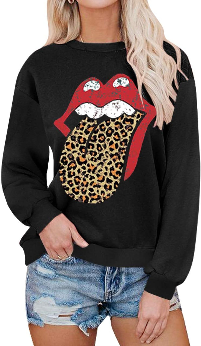 Fashion Red Lips Leopard Tongue Print Sweatshirts Black Pullover Tops Long Sleeve Lounge Tops Rep Lip Leopard Tongue S