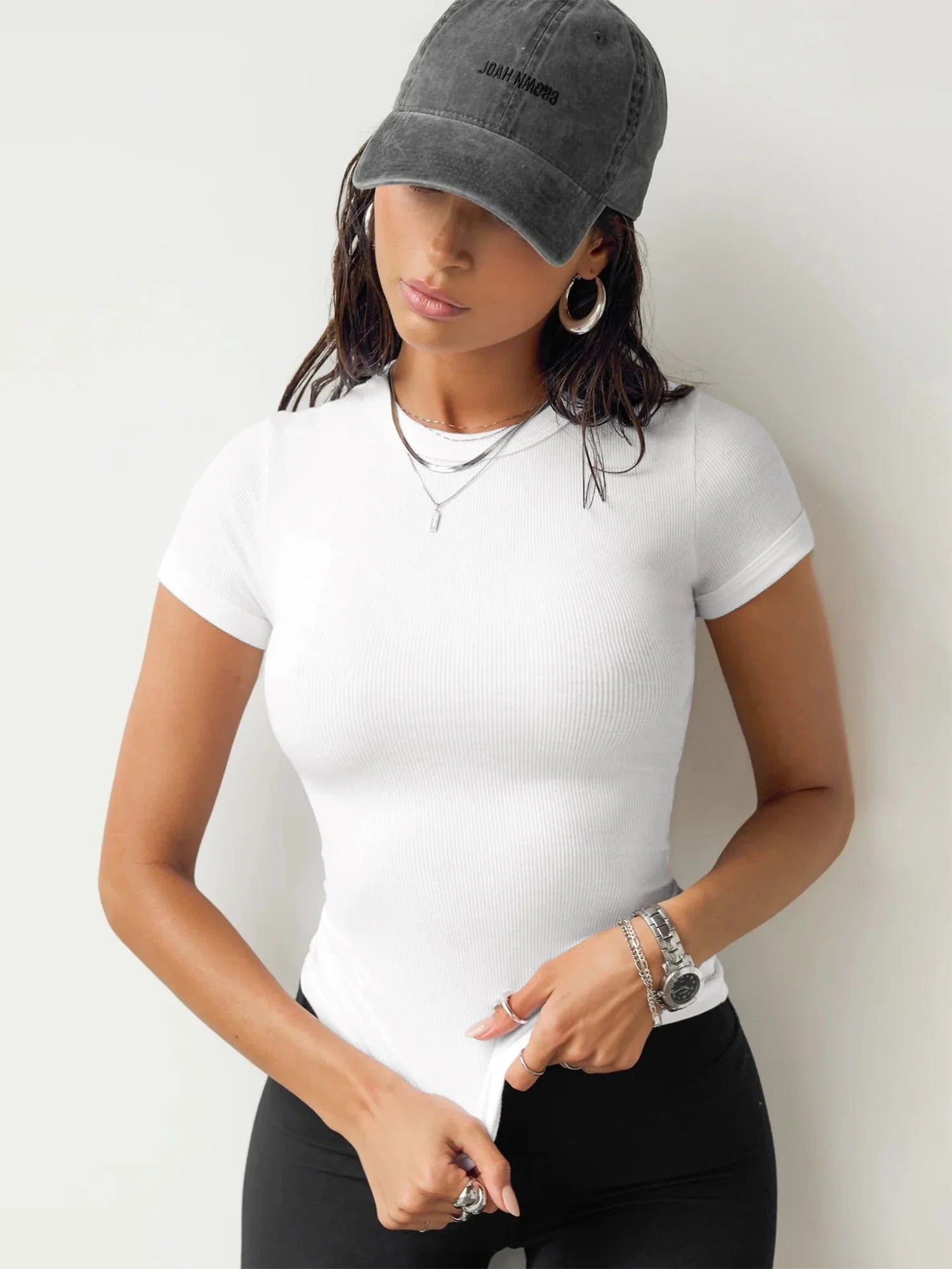 Shirts for Women Summer Short Sleeve Ribbed Tops Slim Fitted Casual Crew Neck T Shirts for Women Basic Tee White M