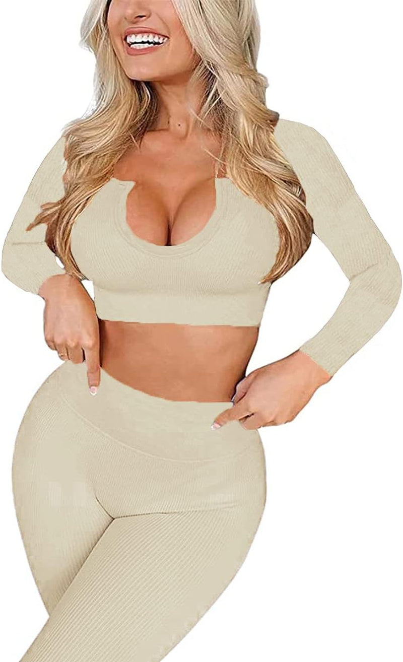 Yoga Outfits for Women 2 Piece Set Seamless High Waist Leggings Workout Crop Tank Gym Activewear Beige M