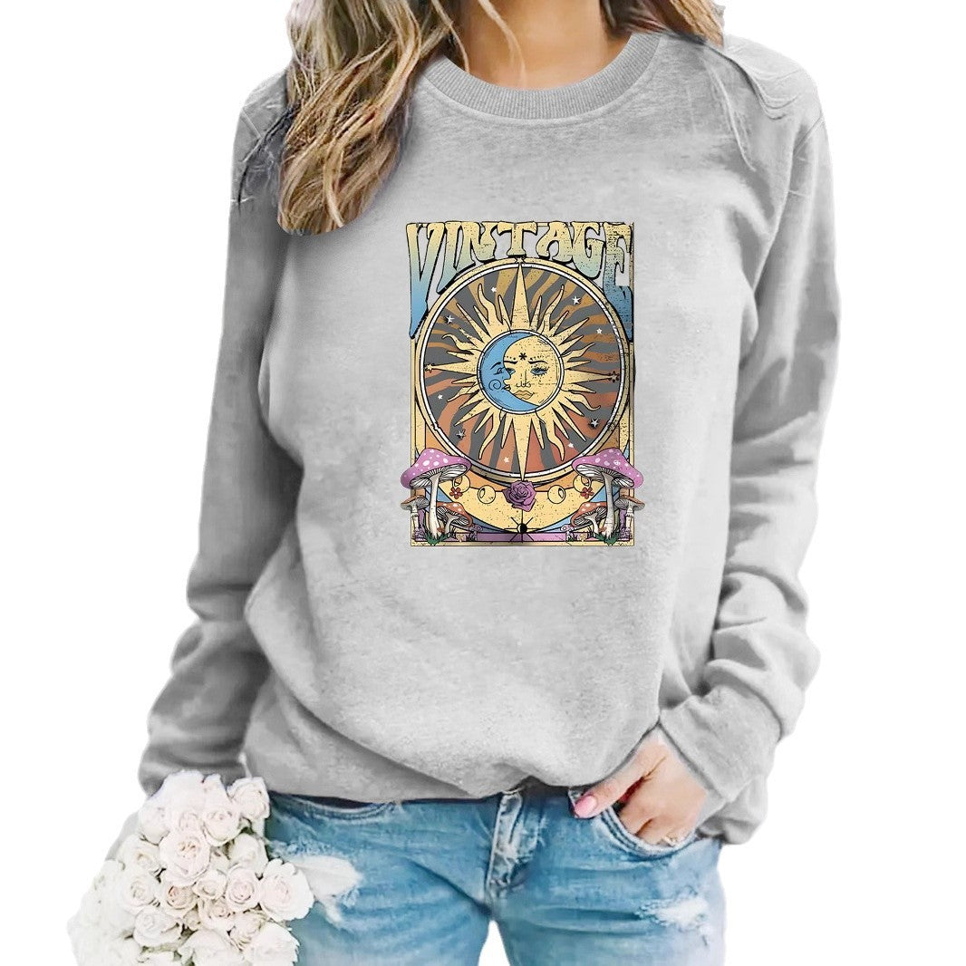 Women's Autumn And Winter Clothing Casual Long Sleeve Round Neck Sun Moon Print Pullover Sweater Sweatshirt