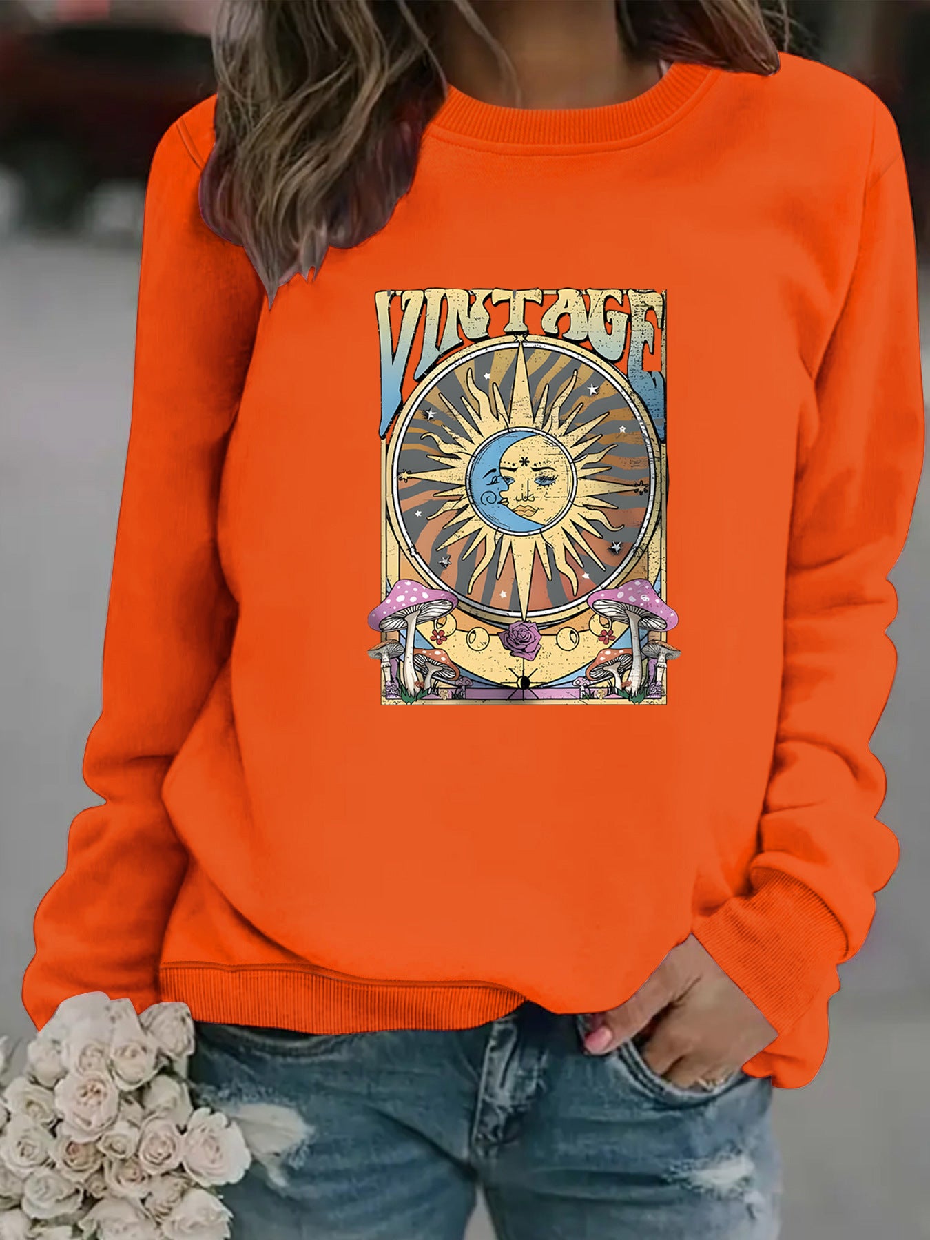 Women's Autumn And Winter Clothing Casual Long Sleeve Round Neck Sun Moon Print Pullover Sweater Sweatshirt