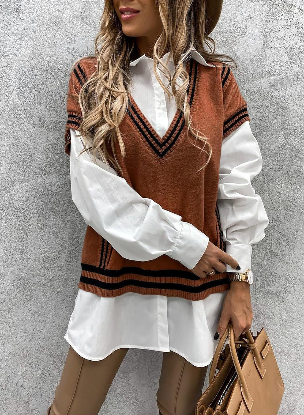 Womens plus Size Oversized Knit Pullover Sweater Vest School Uniform Sleeveless Jumper Sweater Waistcoat Orange Brown 2XL