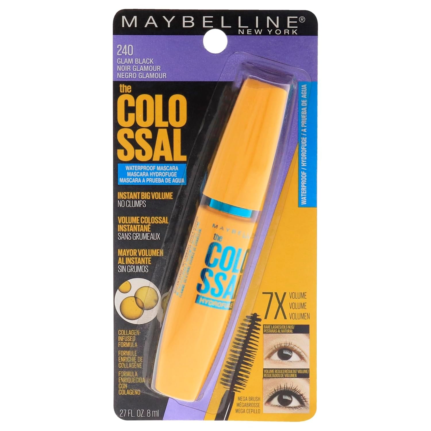 Volum' Express Colossal Waterproof Mascara Makeup, Volumizing, Glam Black, 1 Count