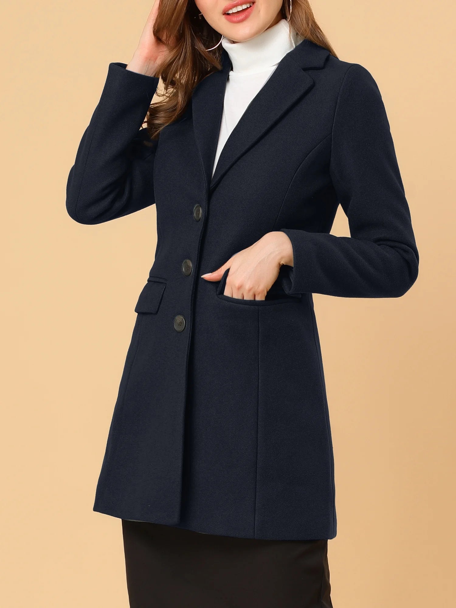 Women'S Coats Notched Lapel Long Sleeves Single Breasted Fall Winter Peacoat XL Dark Blue