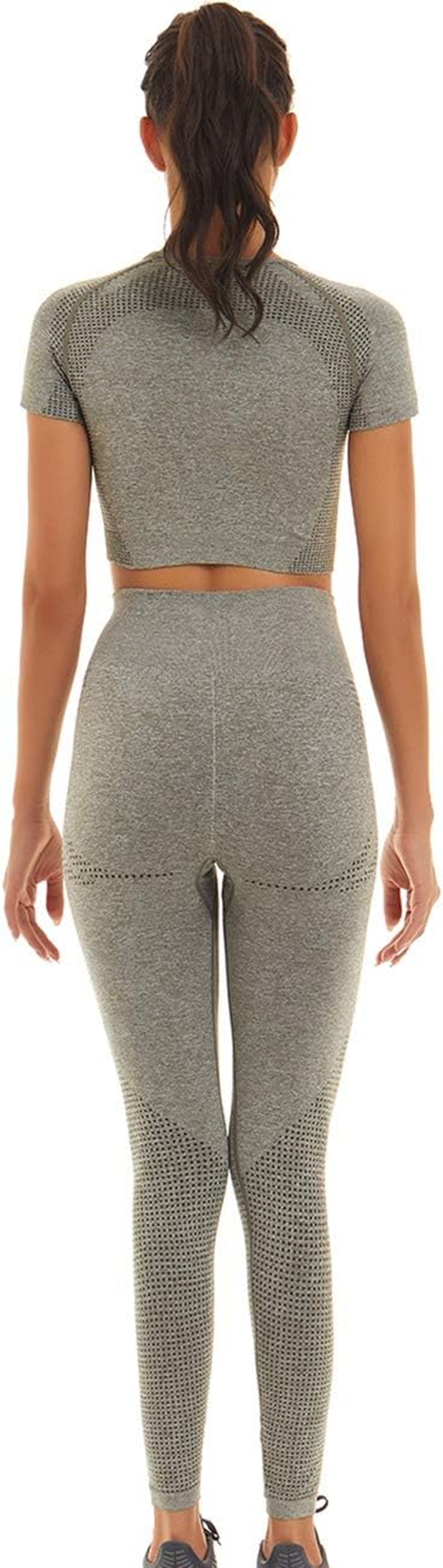 Women Seamless Workout Outfits Yoga 2 Piece Set Legging Short Sleeve Top (Green Gray, Small)