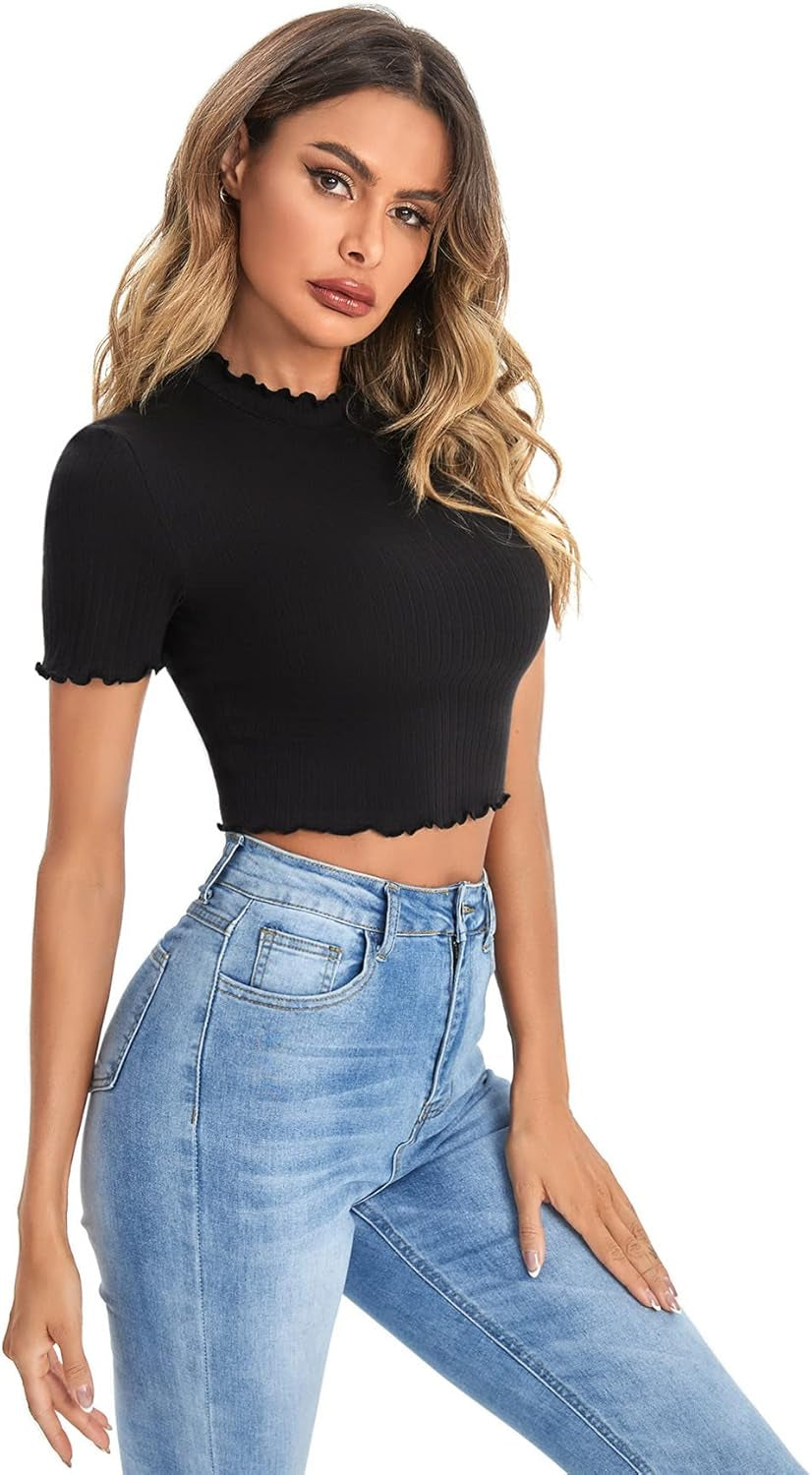Women'S Lettuce Trim Ribbed Knit Short Sleeve Crop Top T-Shirt