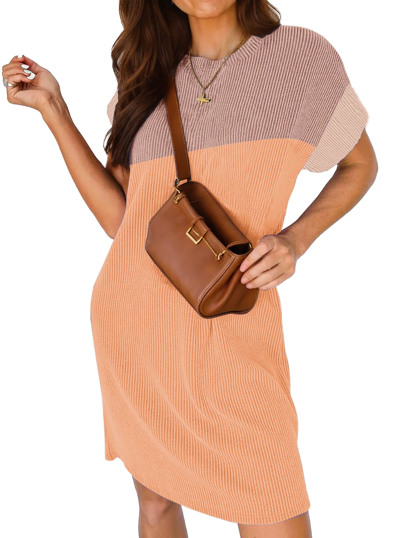 Summer Color Block Dresses for Women Crewneck Short Sleeve T Shirts Dress Ribbed Dresses with Pockets