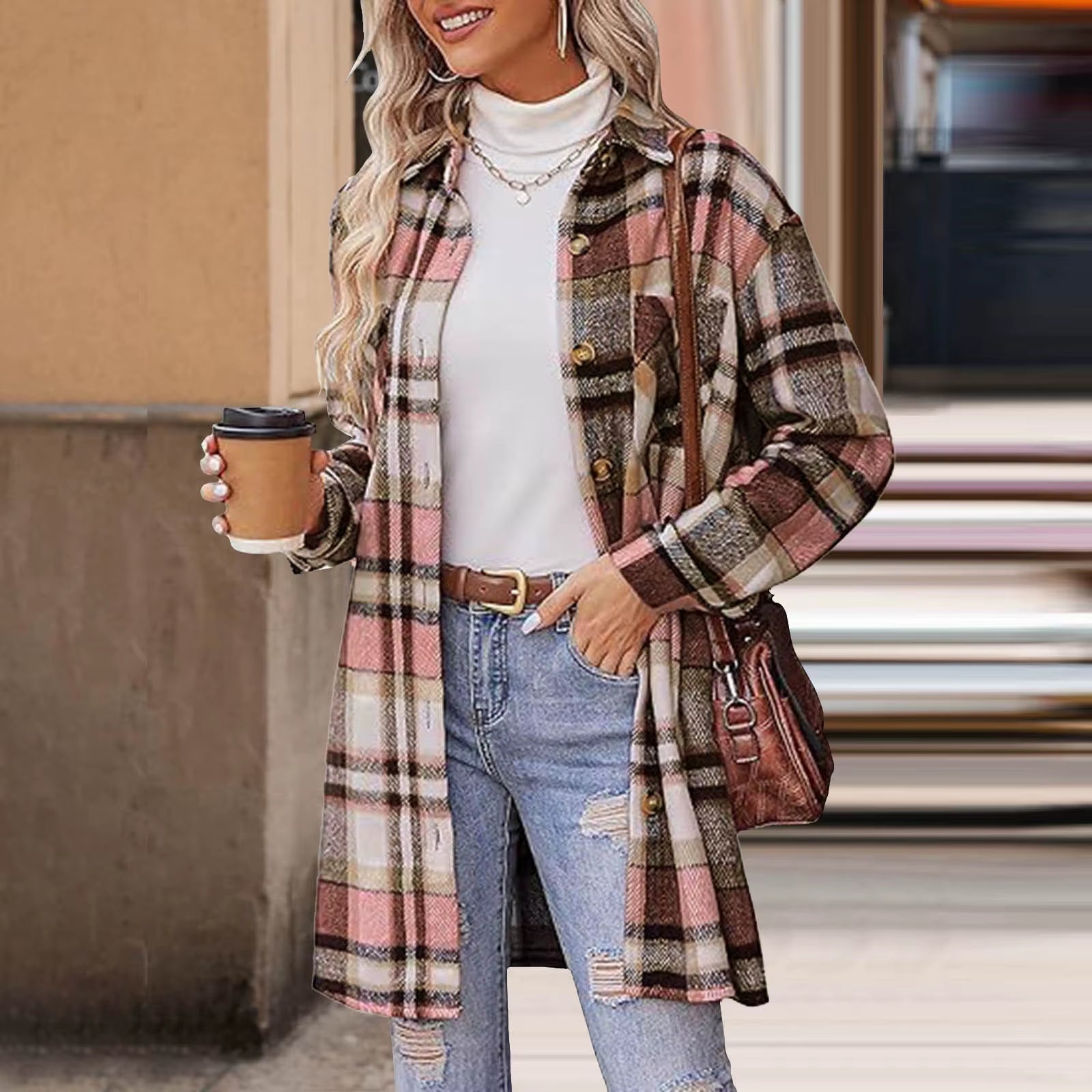 Women Plaid Shacket Jacket Lapel Long Sleeve Button down Flannel Shirts Coat Pockets Loose Casual Outerwears 2024 Fall Clothes