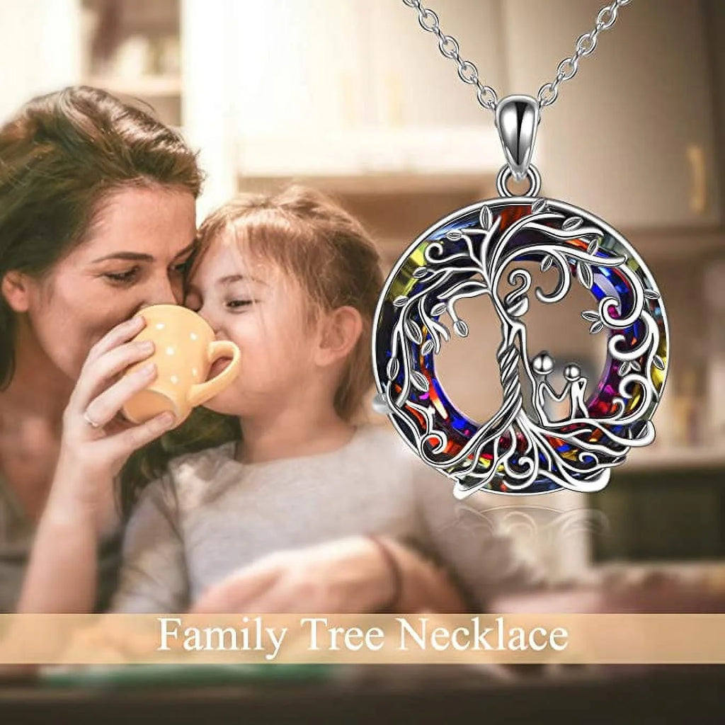 Mother and 2 Family Members Necklace Volcanic Crystal Tree of Life Pendant S925 Sterling Silver Family Protection Jewelry for Mom New Mother Keepsake Gift for Grandma Daughter Her