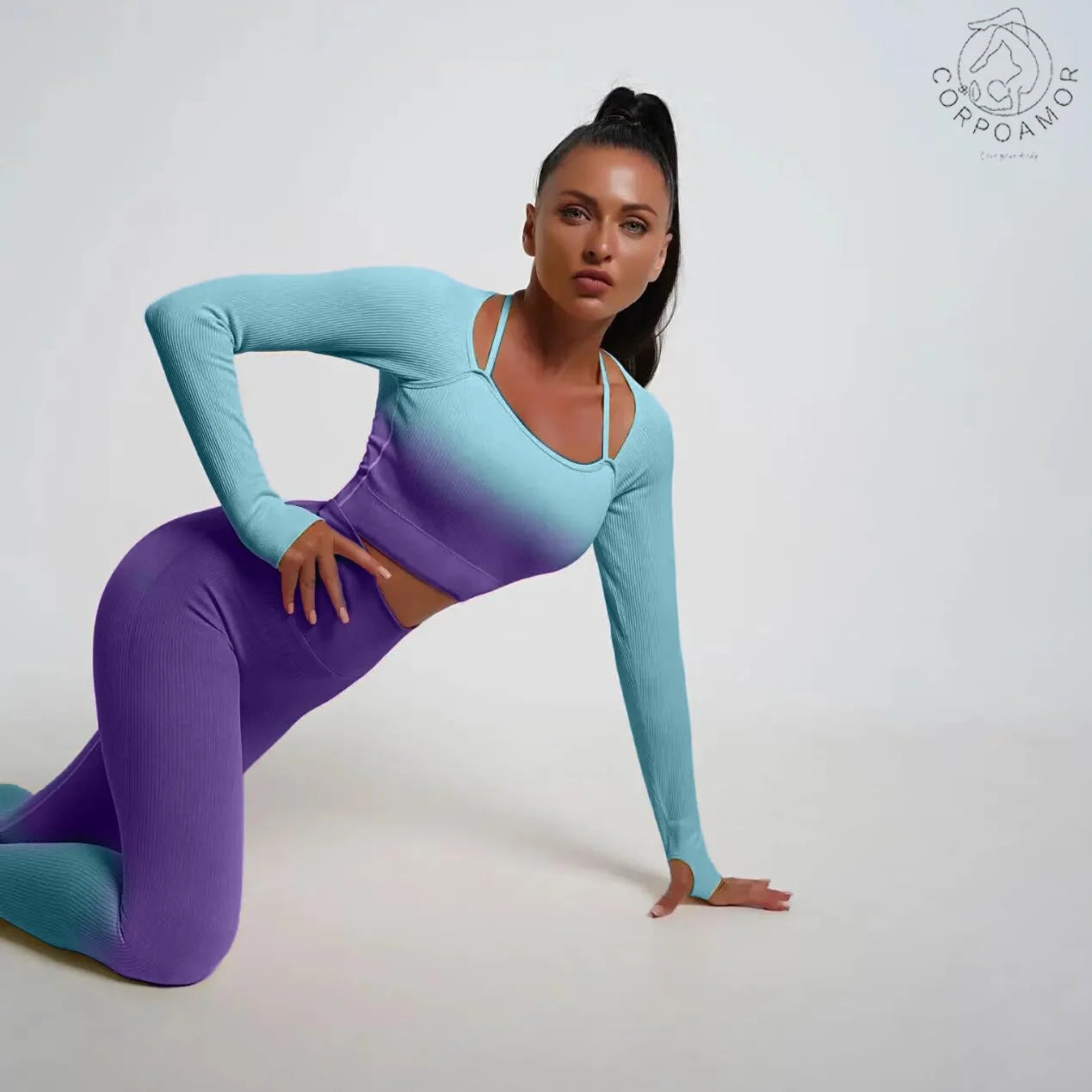 Women'S Fitness Clothing Gym Outfit and Yoga Workout Set Crop Top and High Waisted Leggings Ombre Gradient 2 Piece Set (Purple/Blue, Small)