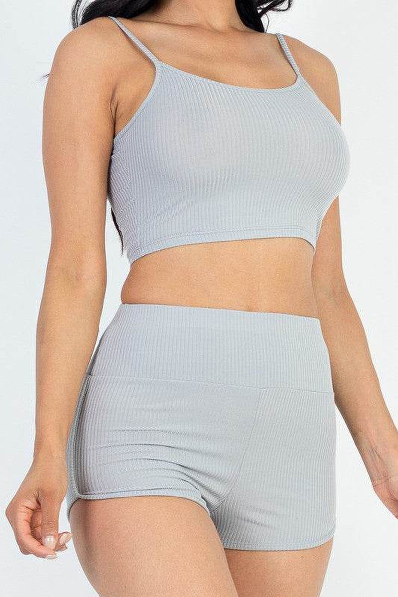 Ribbed Top & Ruched Biker Shorts Set