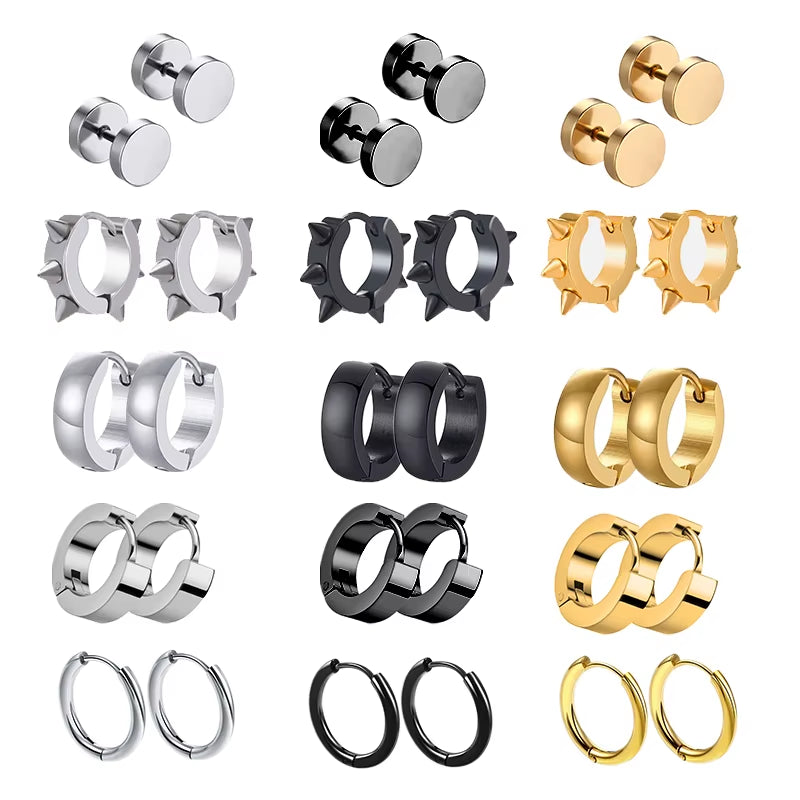 1 Pairs Multi Types Unisex Black Gold Color Stainless Steel Earring for Women Men Punk Gothic Piercing Fake Earrings Jewelry