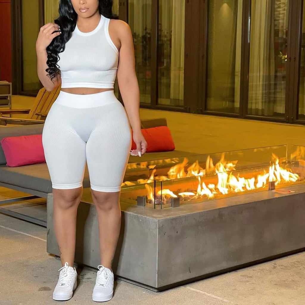 Women'S Sexy Shorts Set 2 Piece Summer Outfits Crop Top High Waist Biker Short Bodycon Jumpsuits White S
