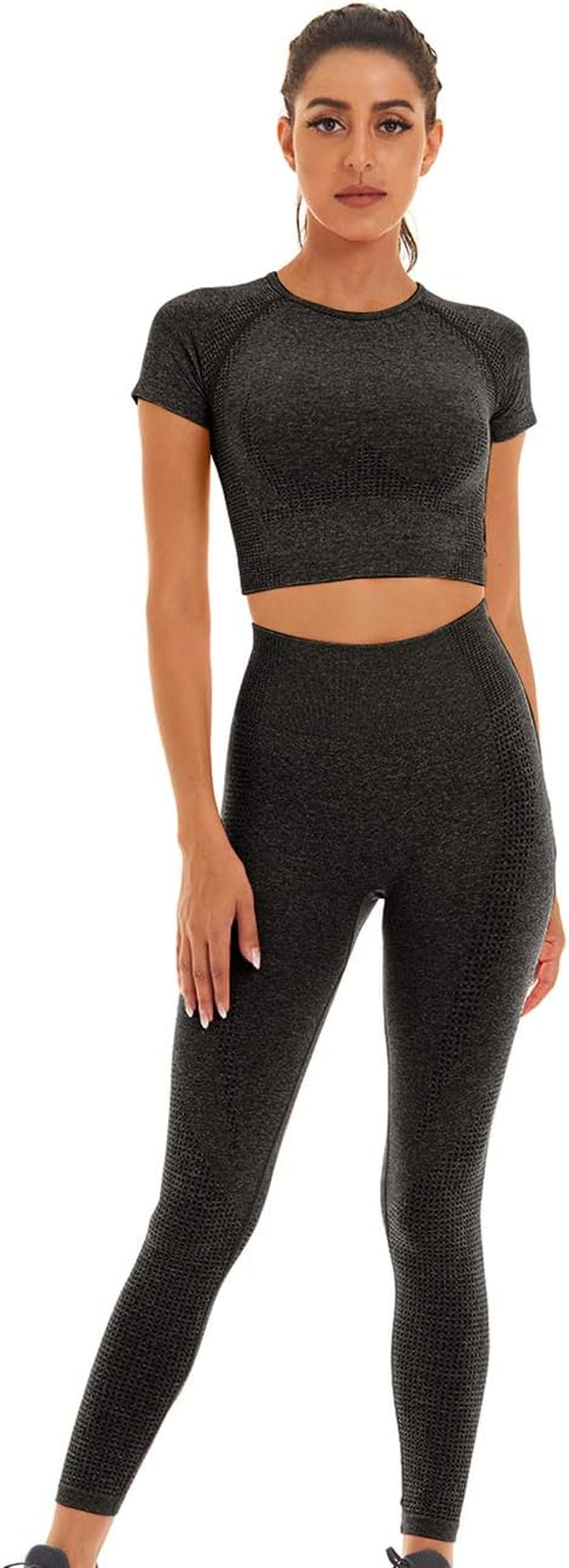 Women Seamless Workout Outfits Yoga 2 Piece Set Legging Short Sleeve Top (Black Gray, Small)