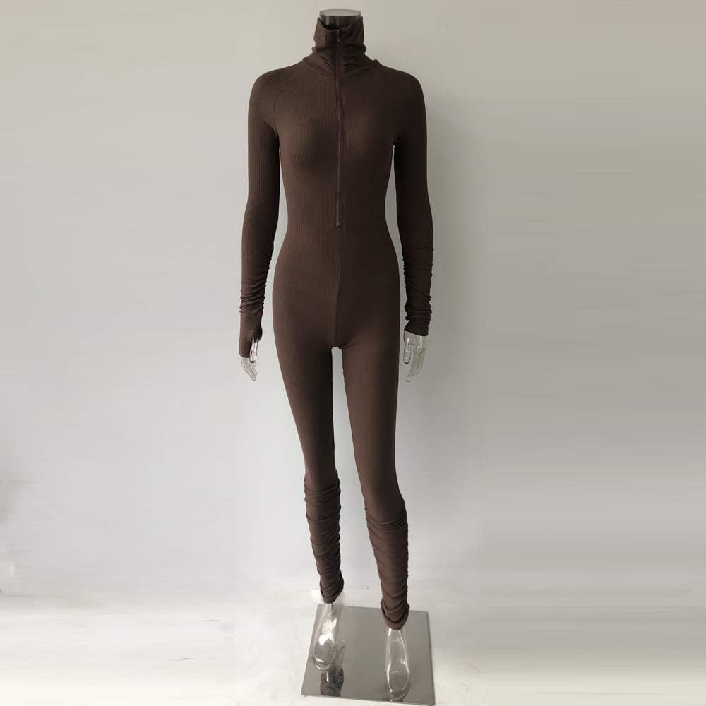 Women High Neck Zipper Ruched Bodycon Jumpsuit Tracksuit with Thumb Hole