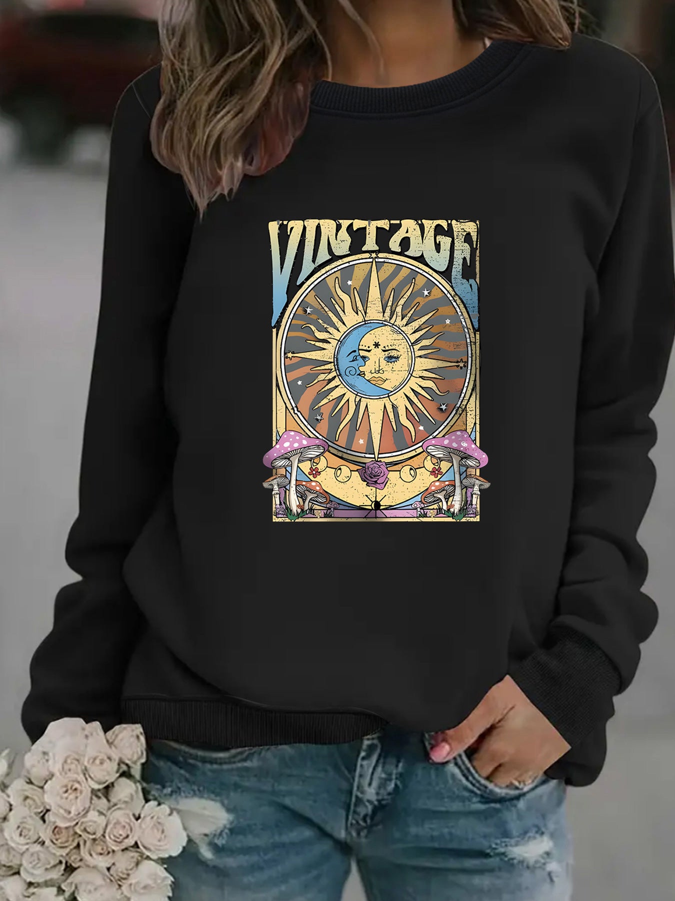 Women's Autumn And Winter Clothing Casual Long Sleeve Round Neck Sun Moon Print Pullover Sweater Sweatshirt