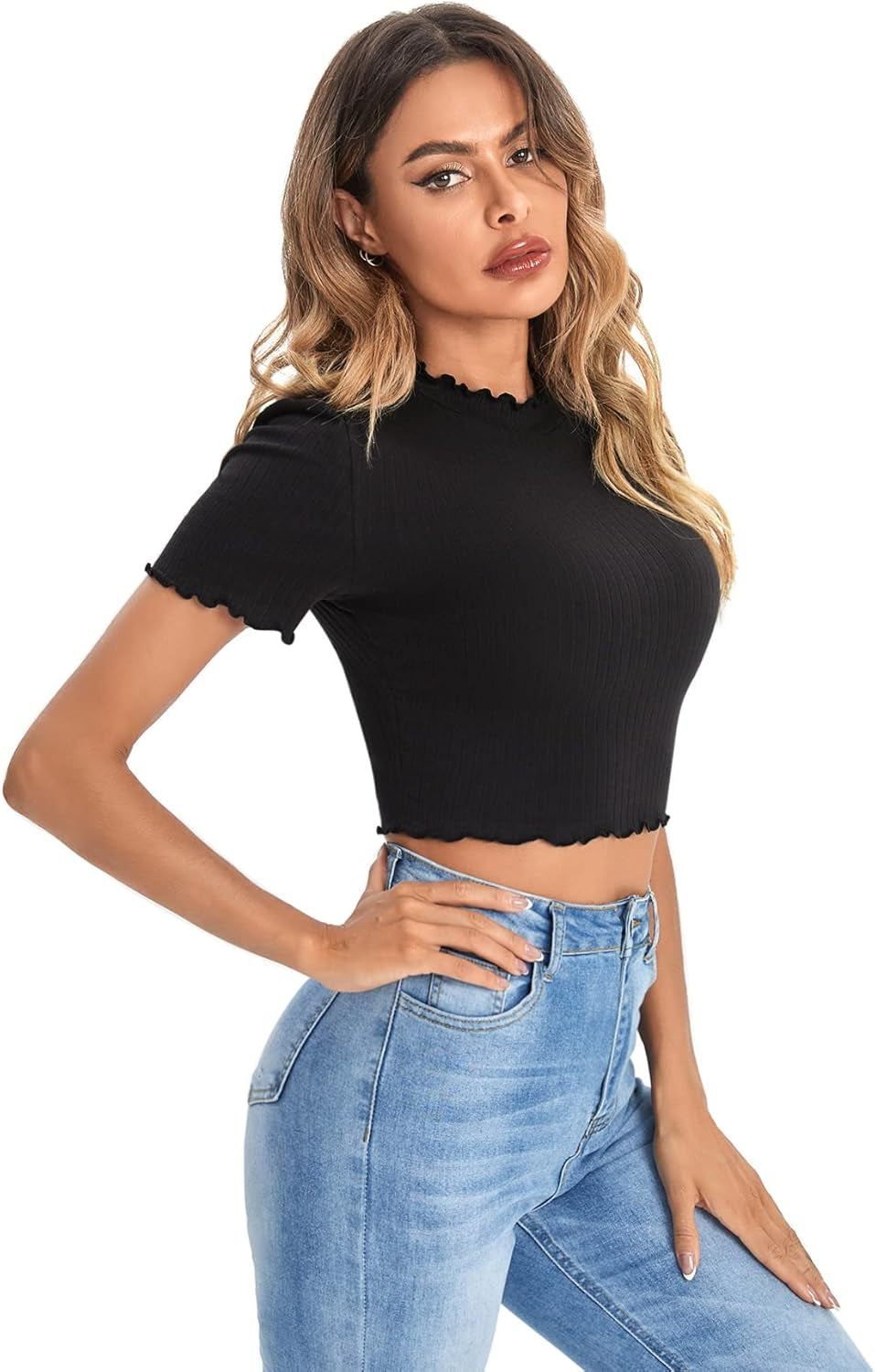 Women'S Lettuce Trim Ribbed Knit Short Sleeve Crop Top T-Shirt