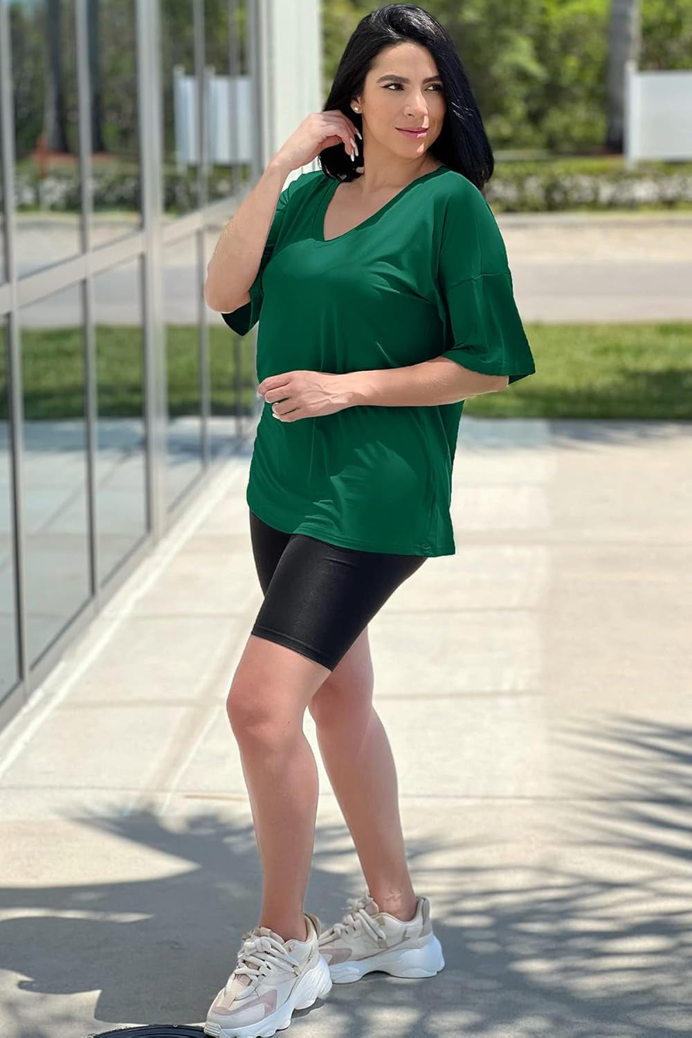 Two Piece Outfits for Women Summer Casual V Neck Oversized T Shirt Top Sweatsuits Biker Shorts Set