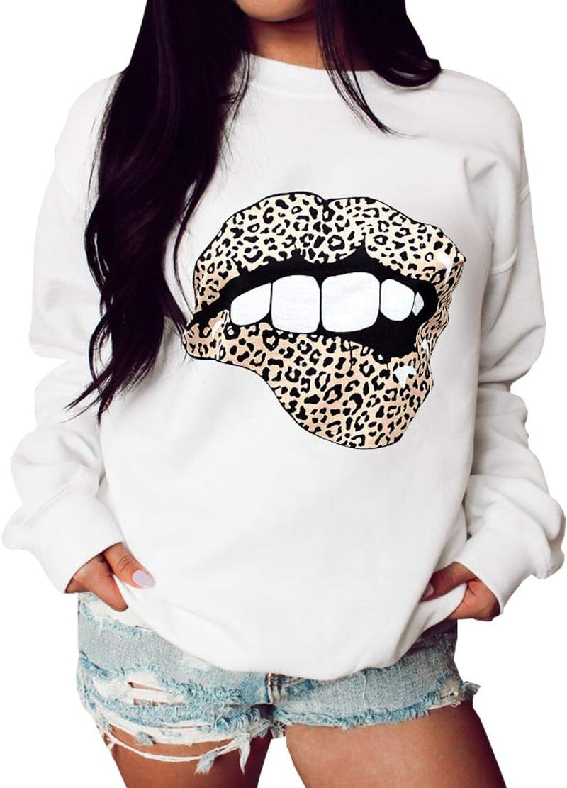 Women'S Skull Print Lips Long Sleeve Girls Junior White Crewneck Sweatshirt