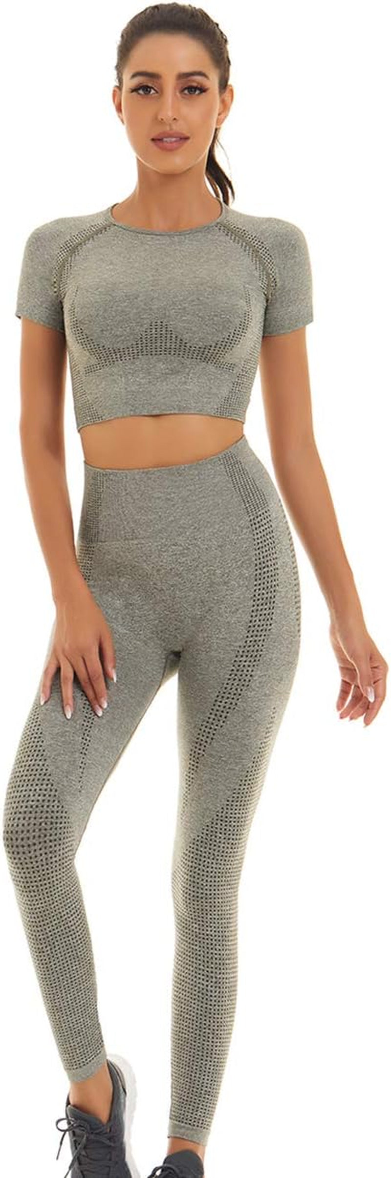 Women Seamless Workout Outfits Yoga 2 Piece Set Legging Short Sleeve Top (Green Gray, Small)