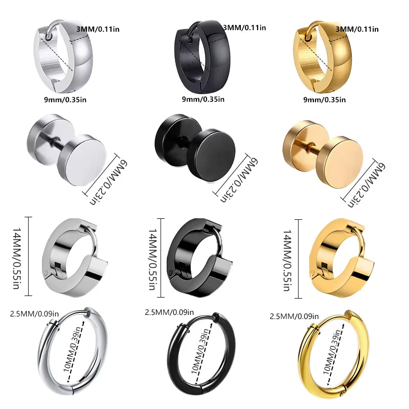 1 Pairs Multi Types Unisex Black Gold Color Stainless Steel Earring for Women Men Punk Gothic Piercing Fake Earrings Jewelry