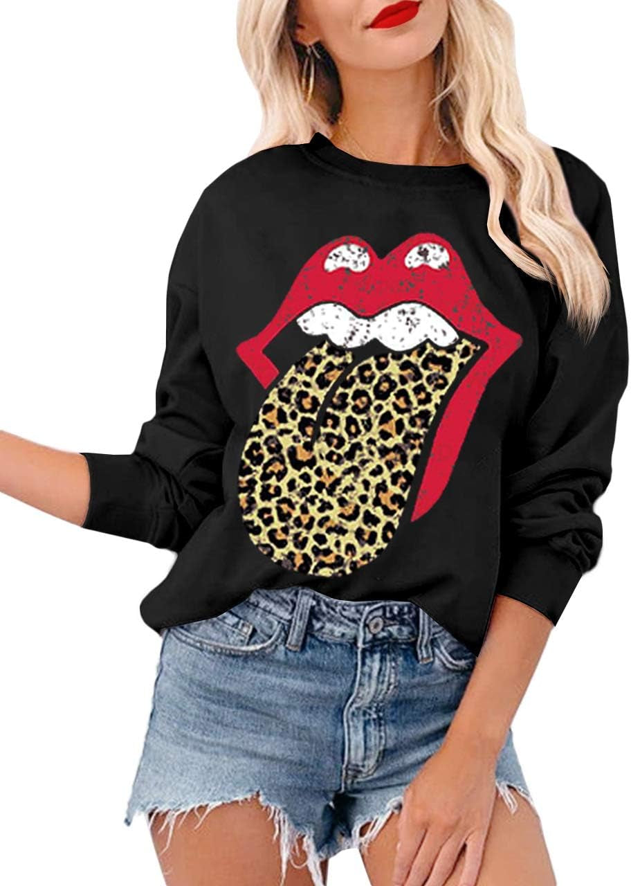 Fashion Red Lips Leopard Tongue Print Sweatshirts Black Pullover Tops Long Sleeve Lounge Tops Rep Lip Leopard Tongue S