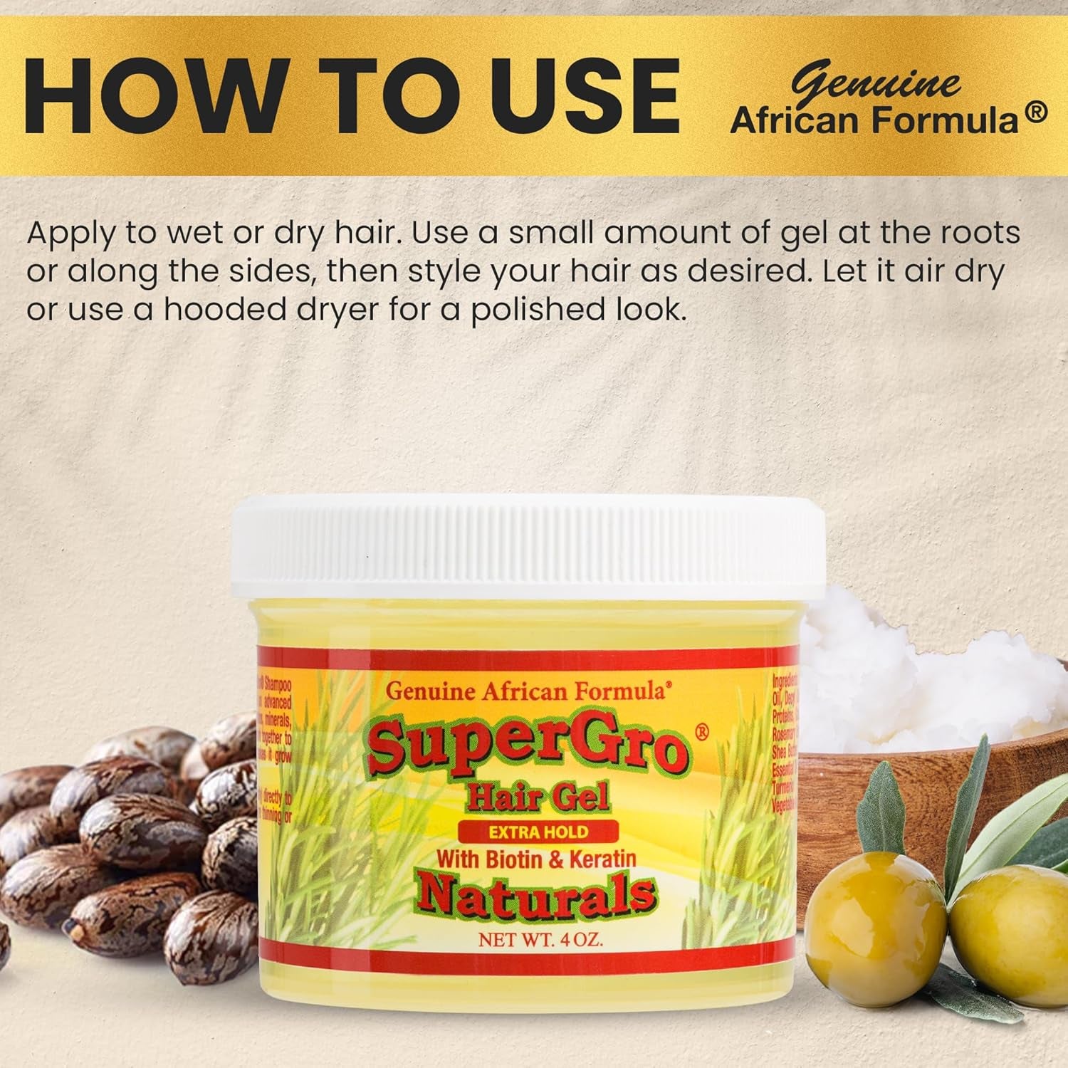 Supergro Hair Gel with Extra Hold - for Braiding, Locking, Instant Edge Control, Twisting, Retwisting - Natural Grip Jam for Neat Shining - Braid, Loc Care Gel with Black Castor Oil - 4 Oz