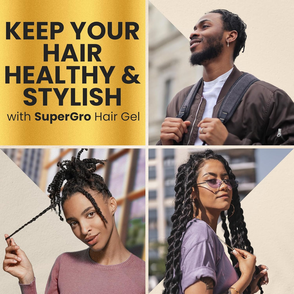 Supergro Hair Gel with Extra Hold - for Braiding, Locking, Instant Edge Control, Twisting, Retwisting - Natural Grip Jam for Neat Shining - Braid, Loc Care Gel with Black Castor Oil - 4 Oz
