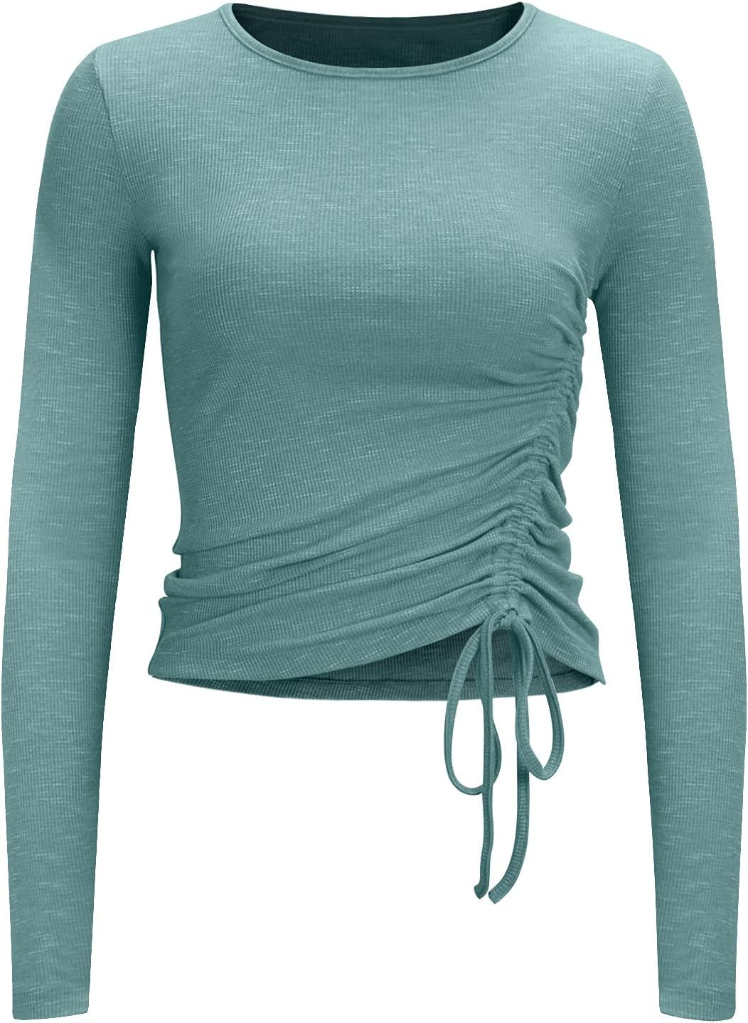 Womens Long/Short Sleeve Workout Tops Ruched Side Yoga Atheltic Shirt Slim Fitted