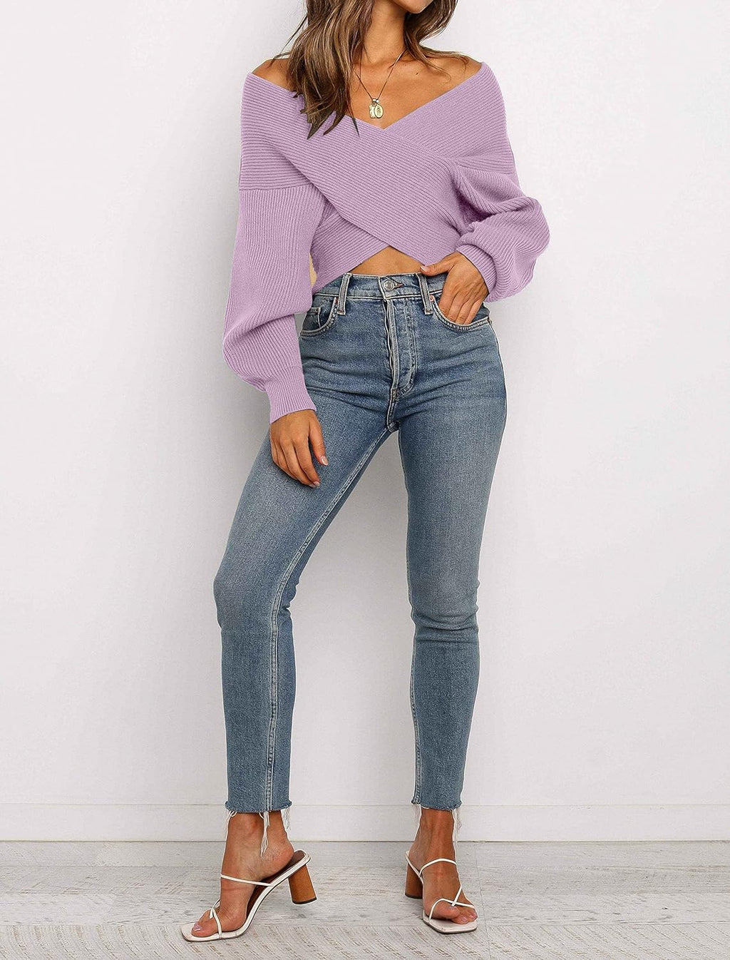 Women'S Wrap V Neck Cropped Sweaters 2024 Fall Long Sleeve Cross Front off Shoulder Solid Knitted Pullover Tops
