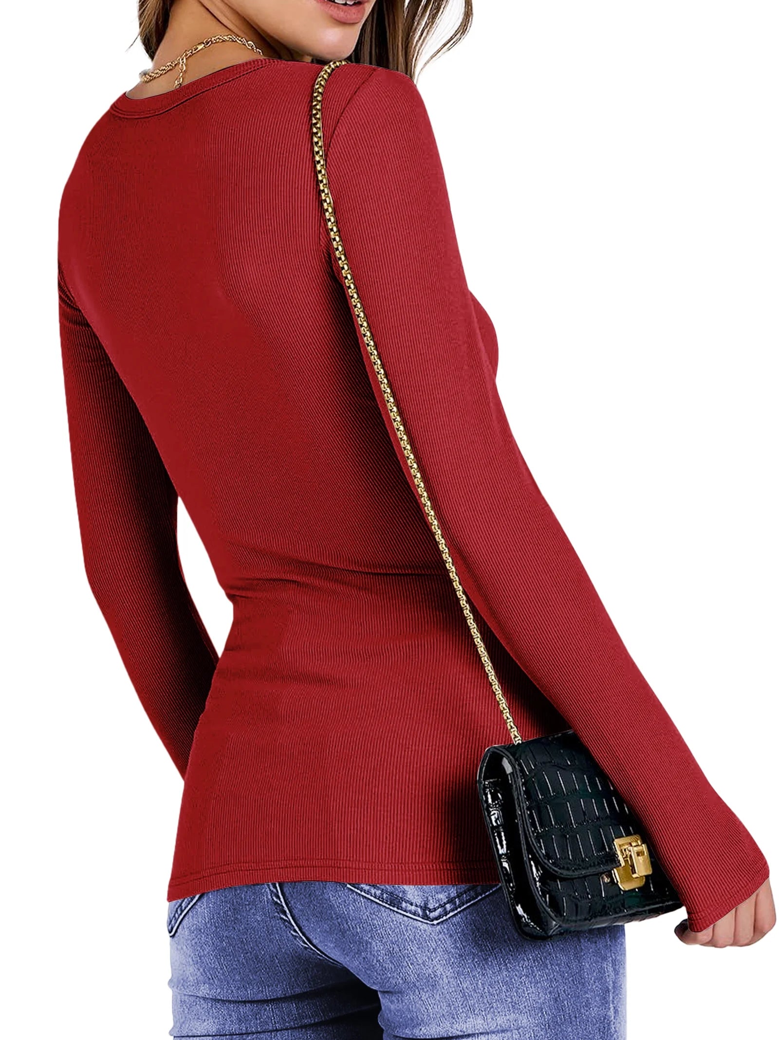 Fitted Long Sleeve Shirts for Women Stretch Casual Basic Tops Crewneck Ribbed Tees Shirts