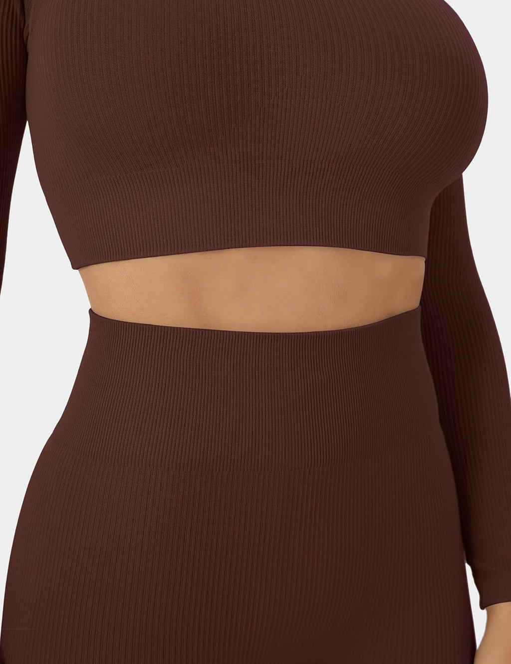 Women Workout Sets 2 Pieces Long Sleeve Yoga Outfits Gym Clothes Seamless Ribbed Crop Top High Waist Leggings