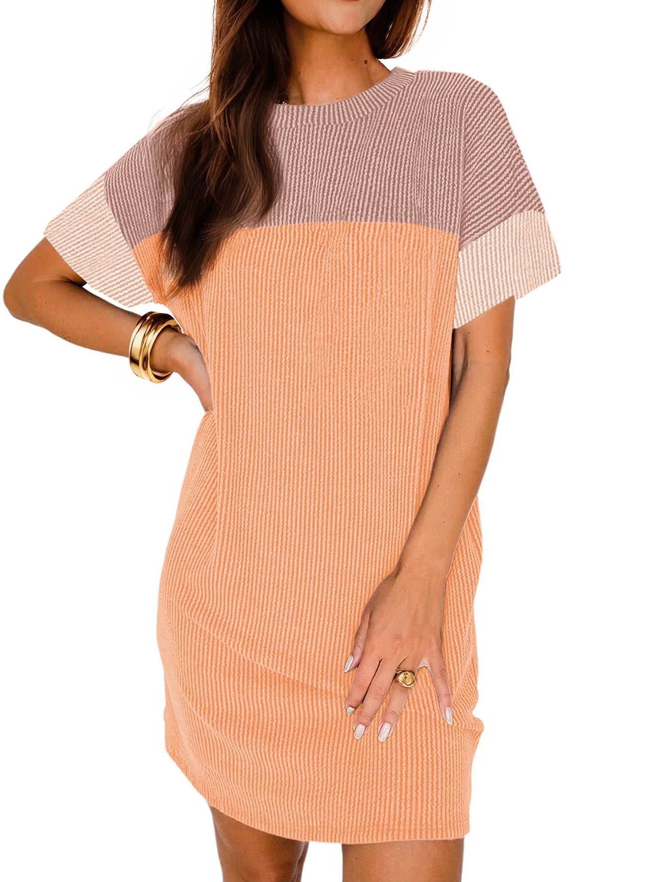 Summer Color Block Dresses for Women Crewneck Short Sleeve T Shirts Dress Ribbed Dresses with Pockets