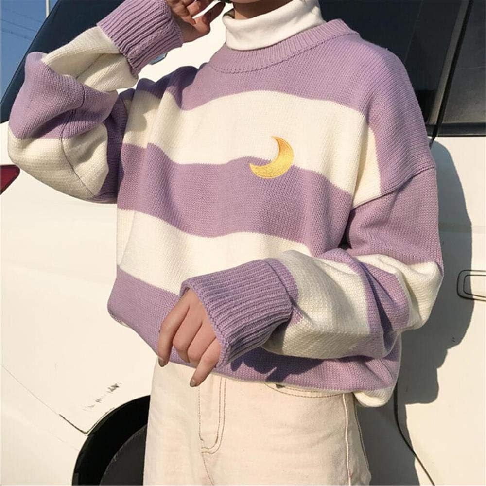 Women Kawaii Ulzzang College Wind Candy Contrast Striped Moon Sweater Clothing
