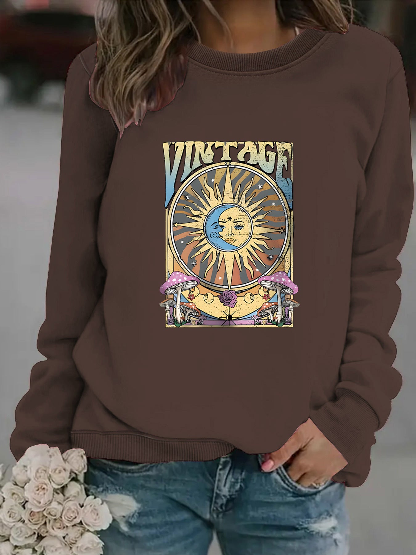 Women's Autumn And Winter Clothing Casual Long Sleeve Round Neck Sun Moon Print Pullover Sweater Sweatshirt