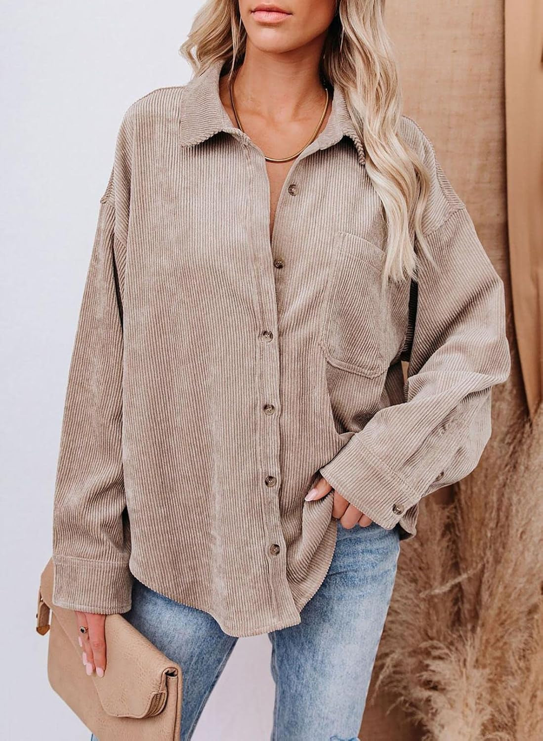 Women Corduroy Long Sleeve Button down Shirt Oversized Jacket Tops