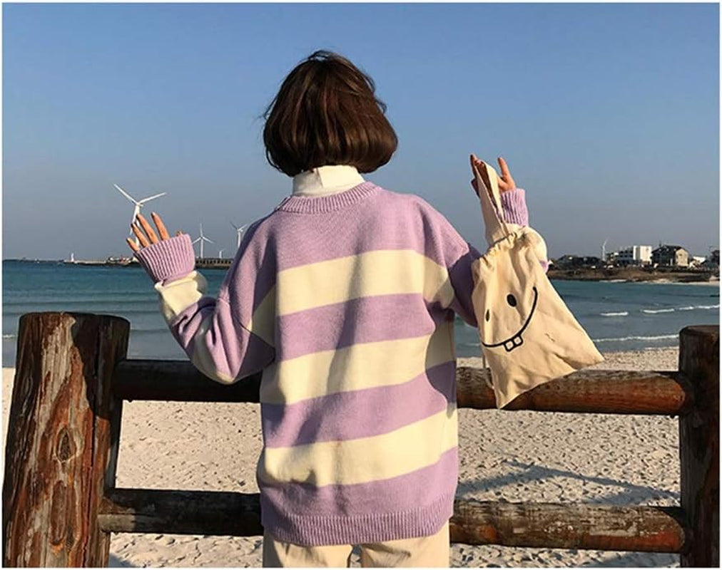 Women Kawaii Ulzzang College Wind Candy Contrast Striped Moon Sweater Clothing