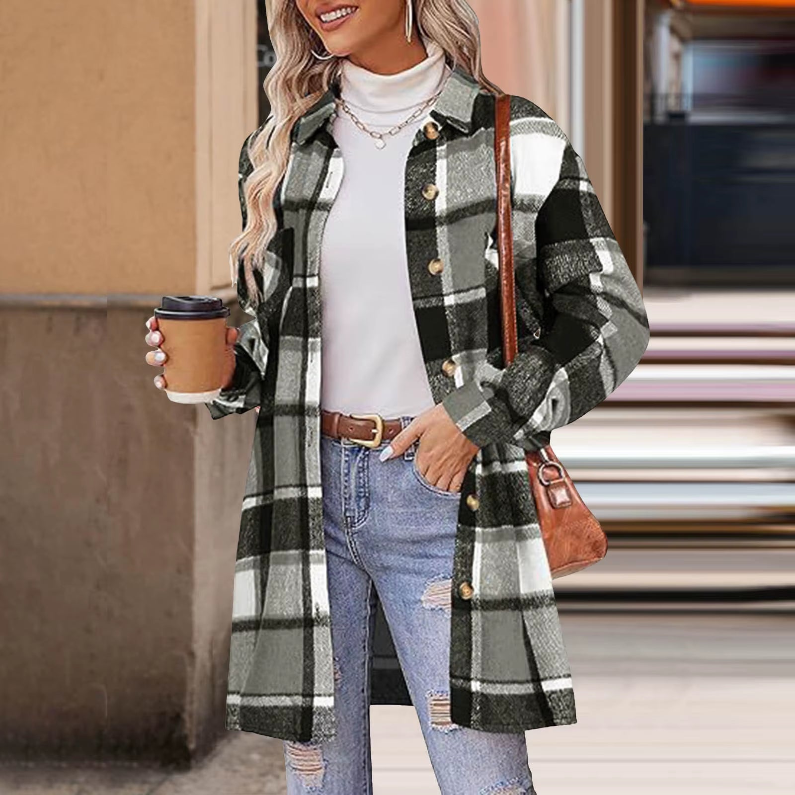 Women Plaid Shacket Jacket Lapel Long Sleeve Button down Flannel Shirts Coat Pockets Loose Casual Outerwears 2024 Fall Clothes