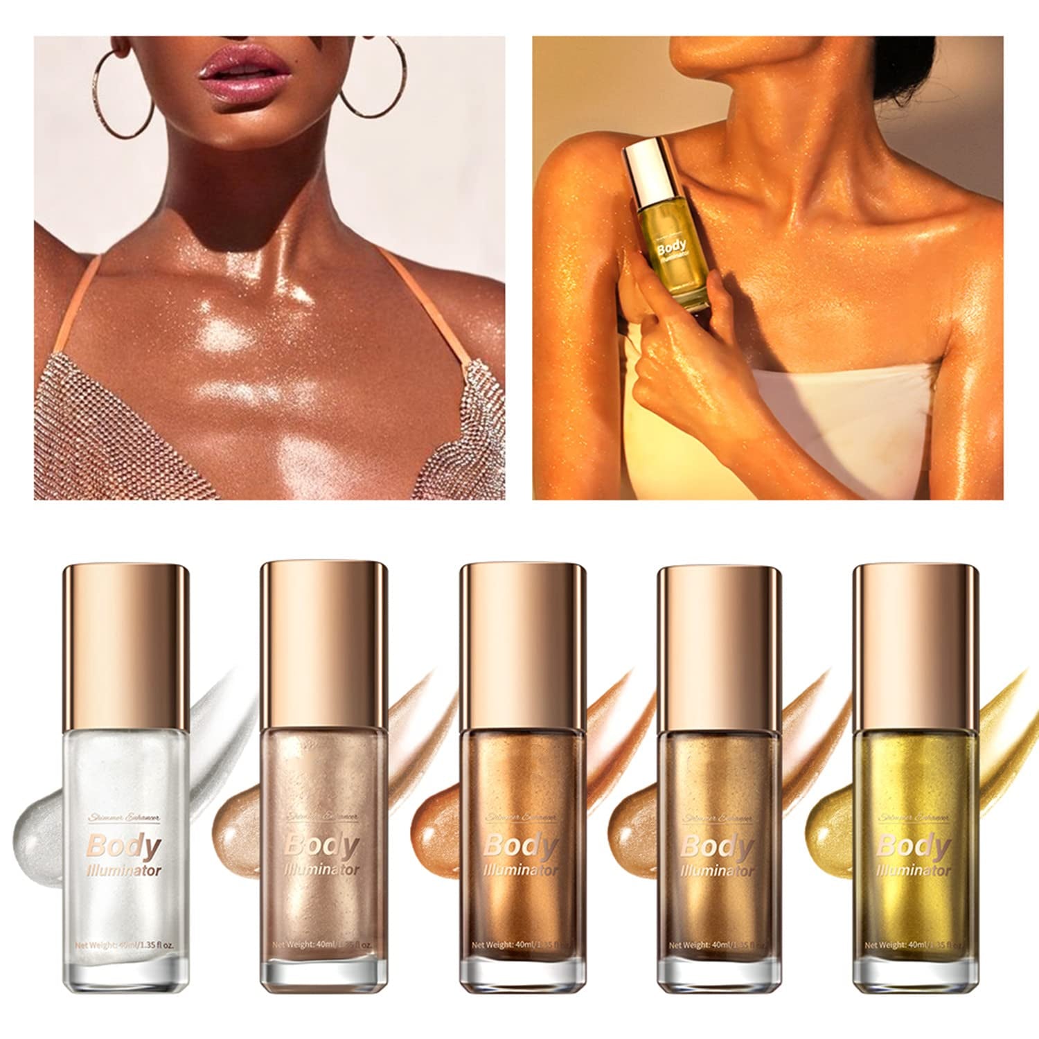 Body Luminizer 5 Colors Smooth Subtle Shimmer Illuminator Moisturizing Long Lasting Summer Glow for Face and Body (40ML, 03 Bronze Gold)