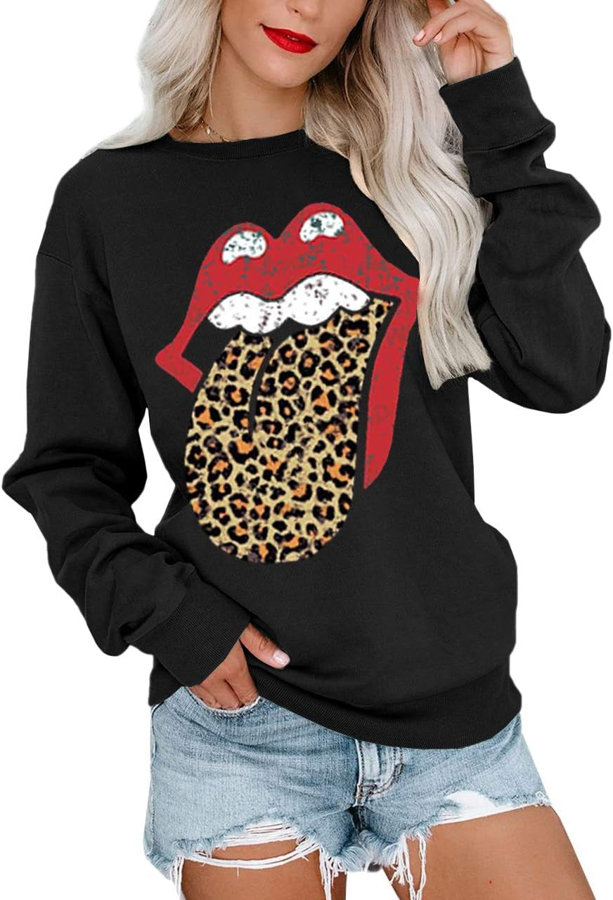 Fashion Red Lips Leopard Tongue Print Sweatshirts Black Pullover Tops Long Sleeve Lounge Tops Rep Lip Leopard Tongue S