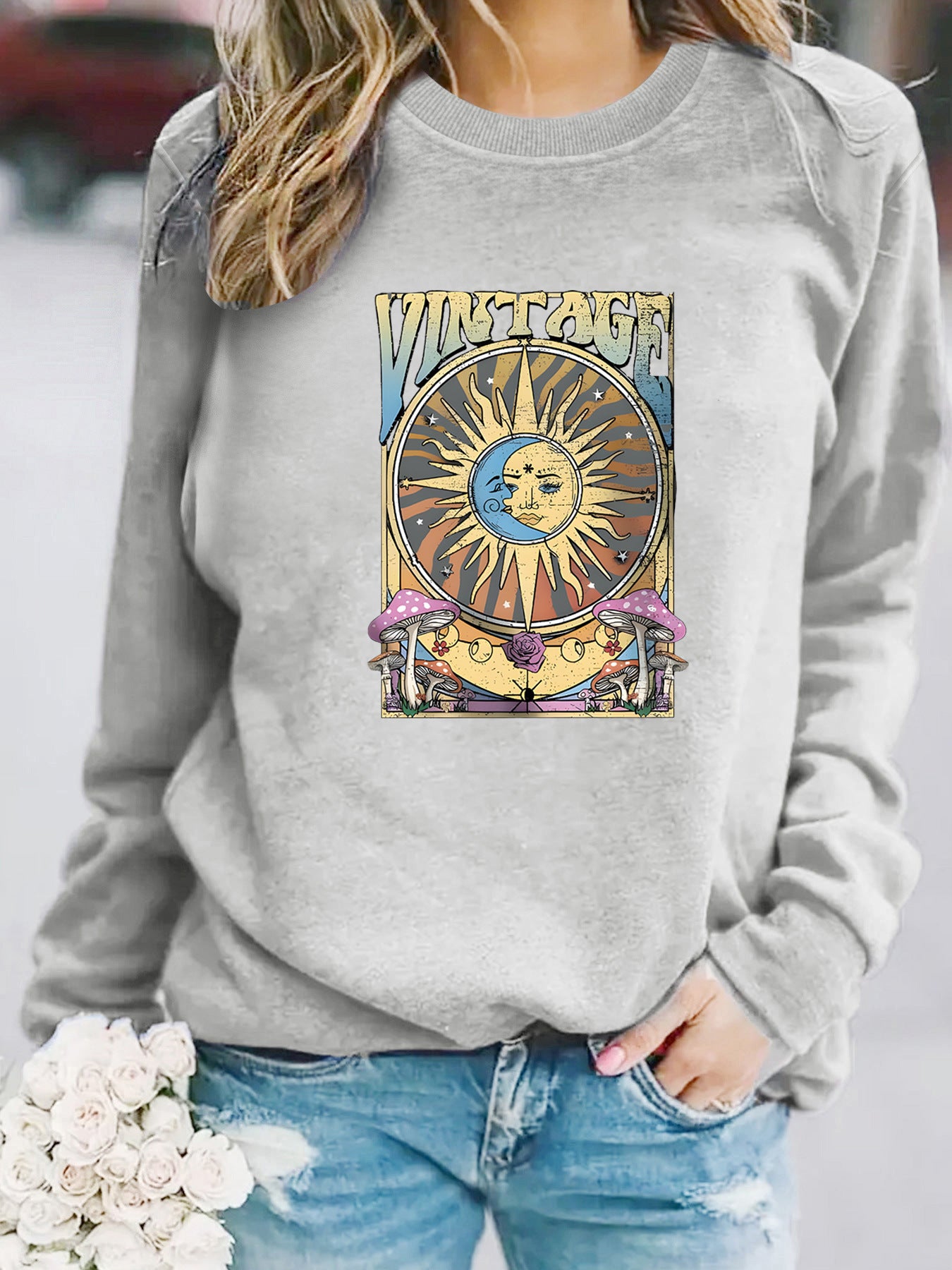 Women's Autumn And Winter Clothing Casual Long Sleeve Round Neck Sun Moon Print Pullover Sweater Sweatshirt