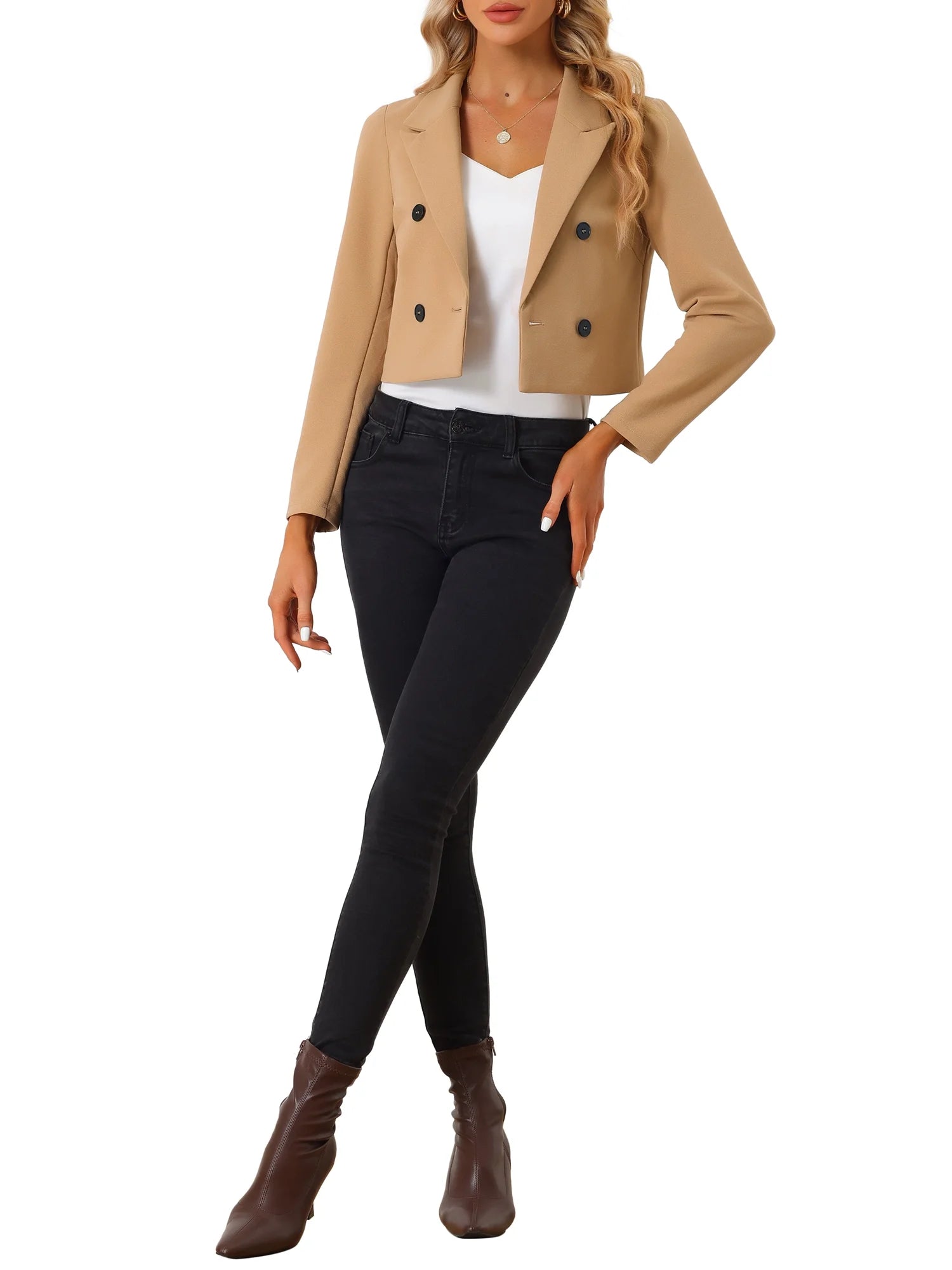 Cropped Blazer Jacket for Women'S Notched Lapel Collar Casual Office Blazers XS Khaki