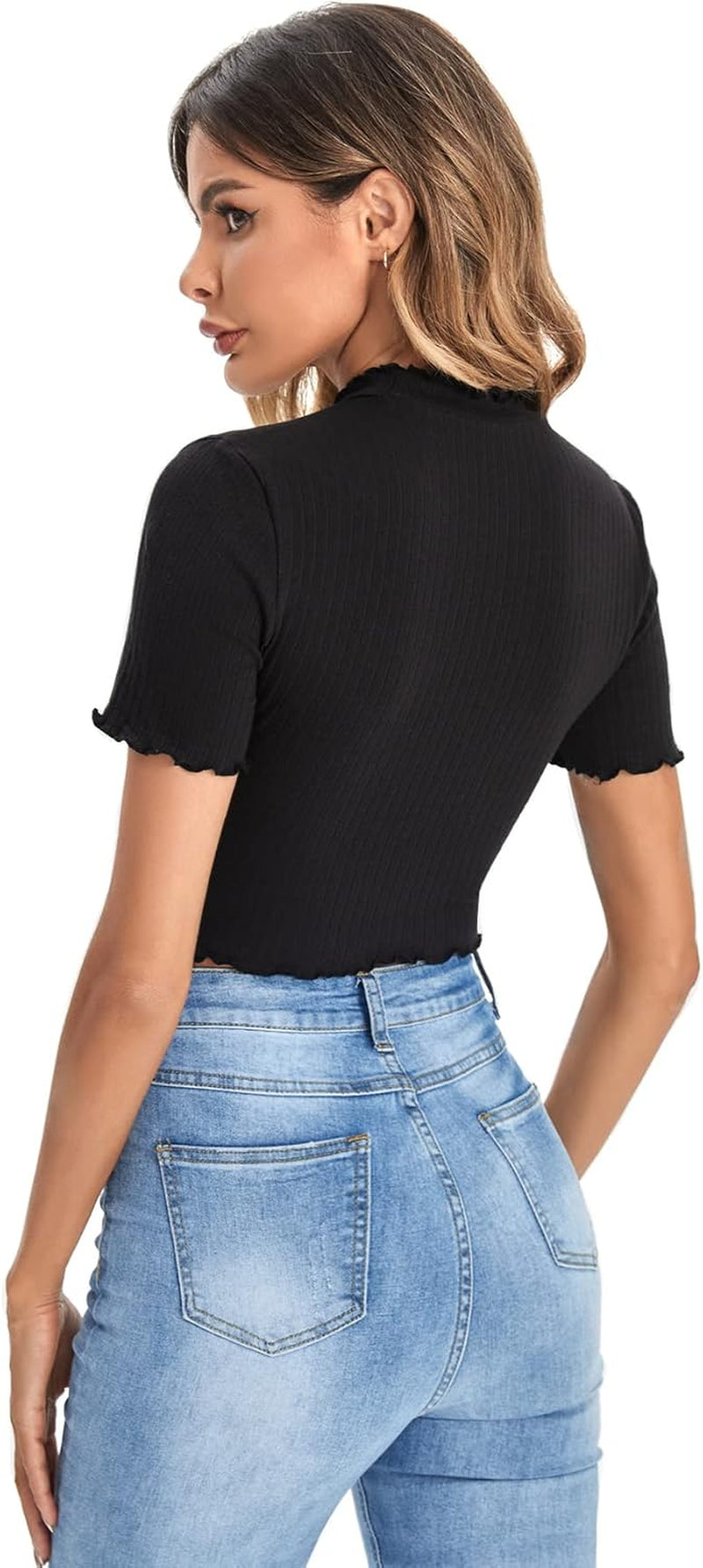 Women'S Lettuce Trim Ribbed Knit Short Sleeve Crop Top T-Shirt