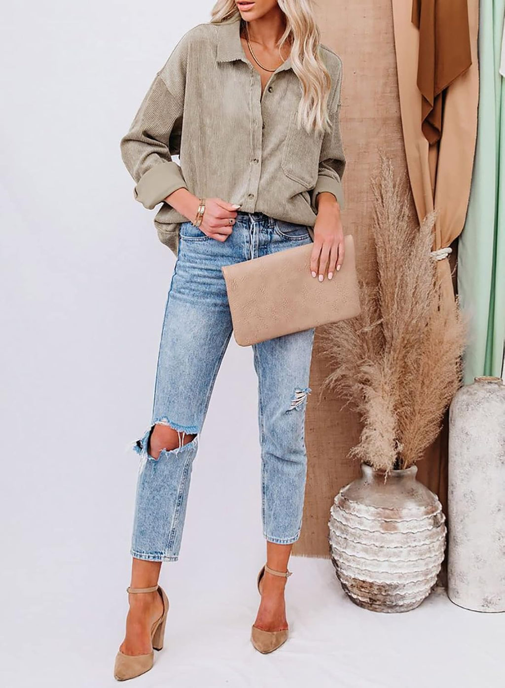 Women Corduroy Long Sleeve Button down Shirt Oversized Jacket Tops