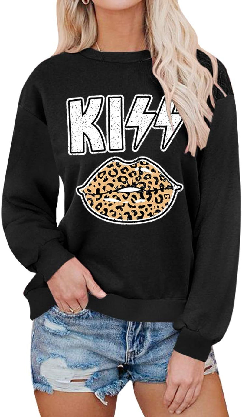 Crewneck Sweatshirts for Women Casual Graphic Shirts Warm Leopard Lips Print Pullover Tops Kiss Lip L