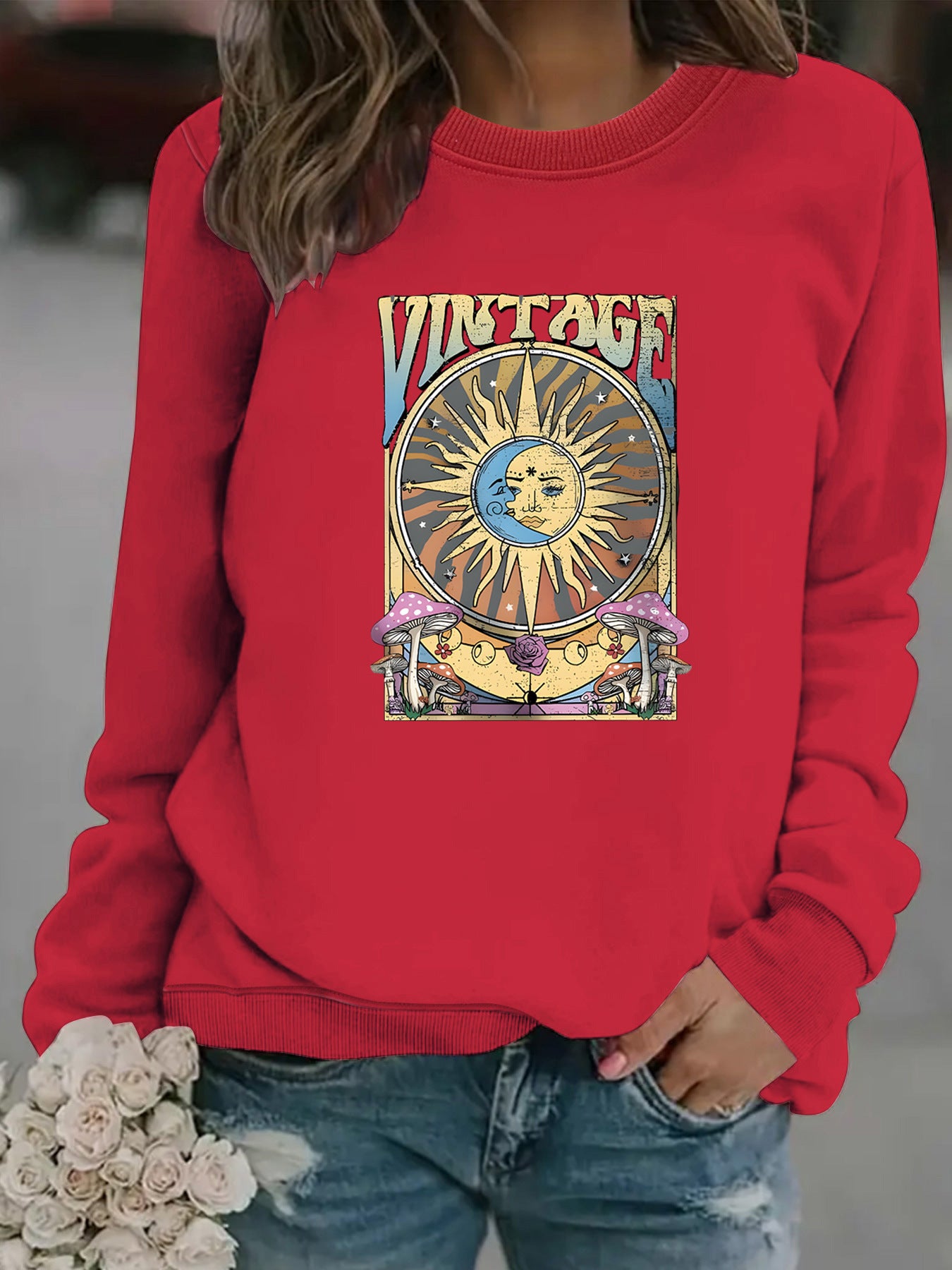 Women's Autumn And Winter Clothing Casual Long Sleeve Round Neck Sun Moon Print Pullover Sweater Sweatshirt