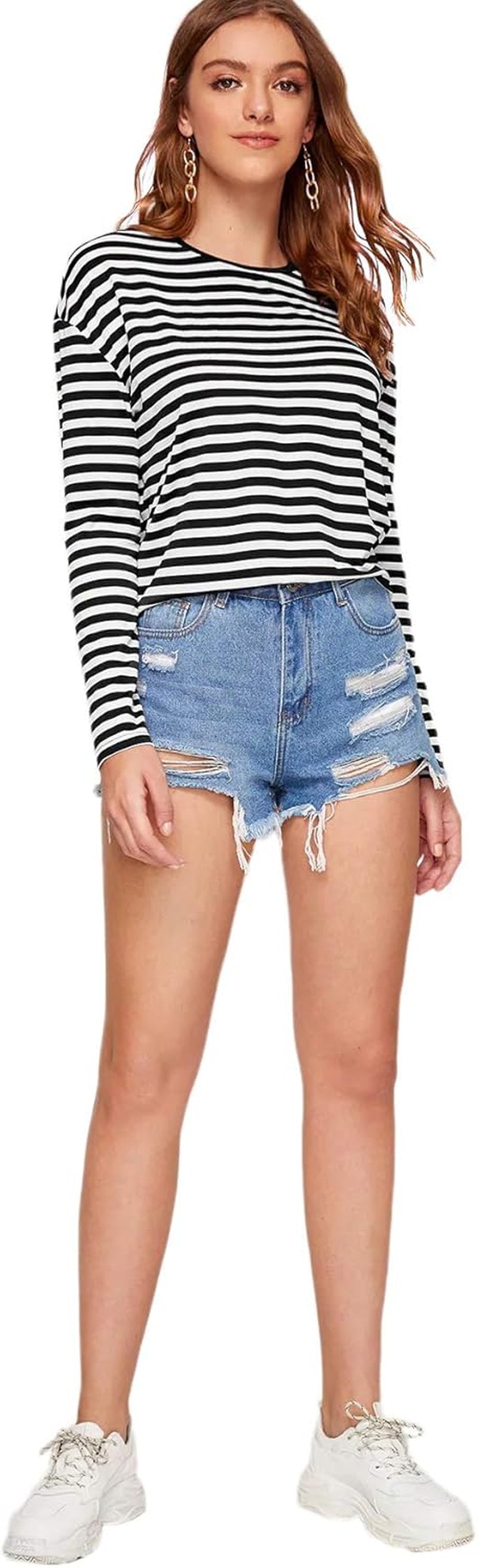 Women'S Casual Striped Tee Shirt Long Sleeve round Neck Top