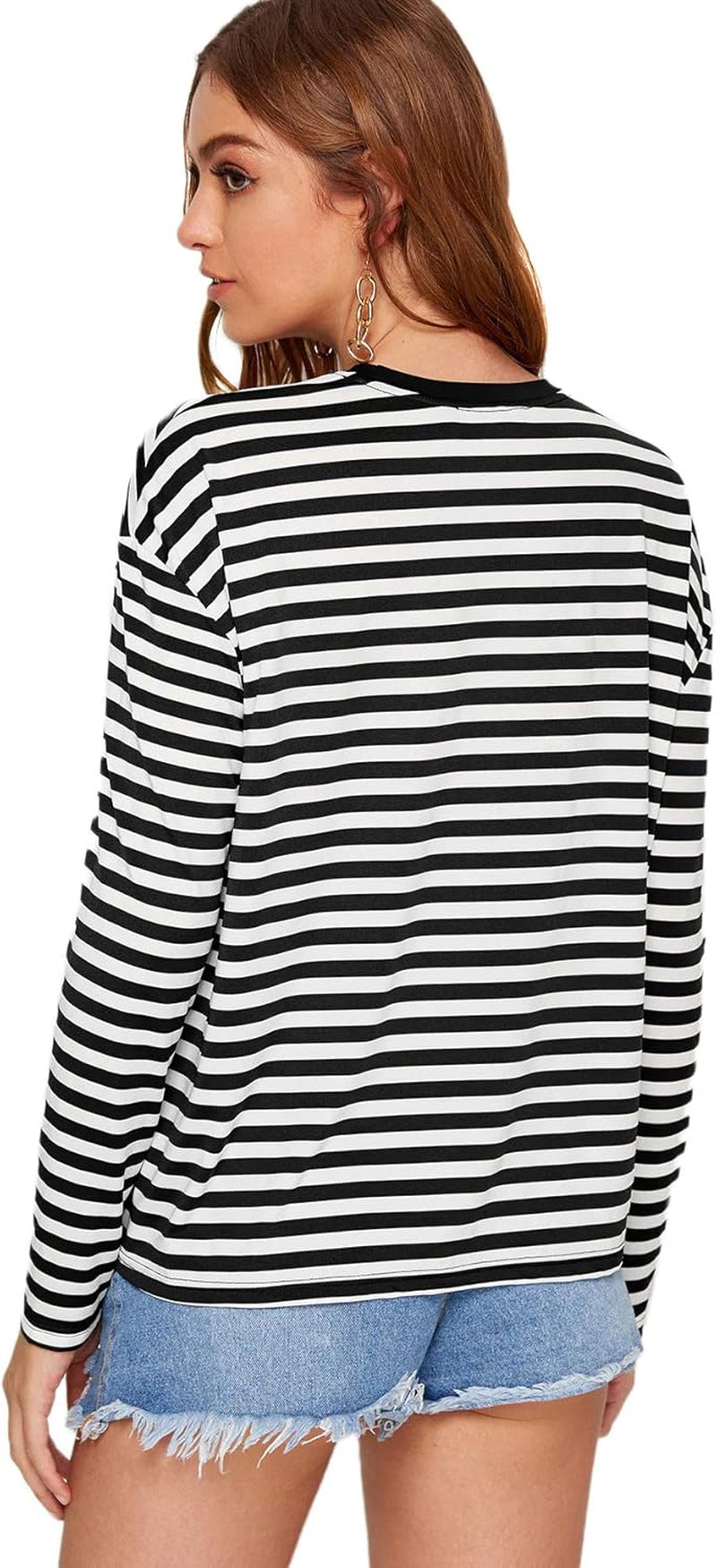 Women'S Casual Striped Tee Shirt Long Sleeve round Neck Top