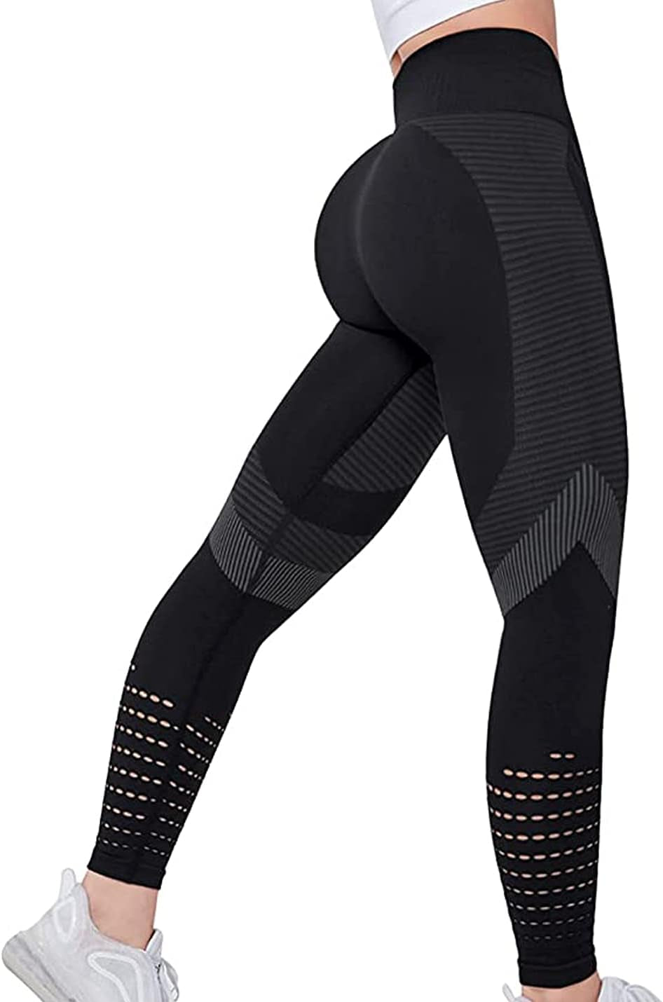 Women'S Yoga Leggings High Waist Tummy Control Hollow Out Stripe Sports Running Tights Pants (Black, Large)